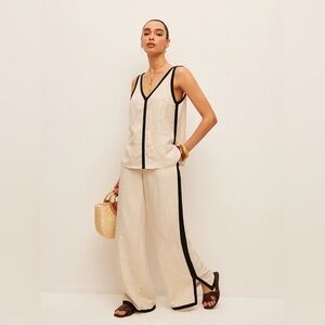 NWT Commense Cotton & Linen Contrast Trim V-Neck Pants Set